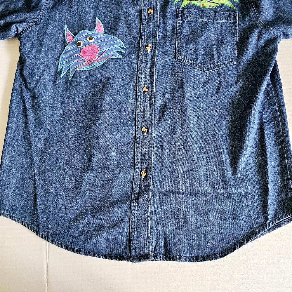 Vintage Haiks crazy cats denim blouse size L embroidered embellished - Picture 7 of 16